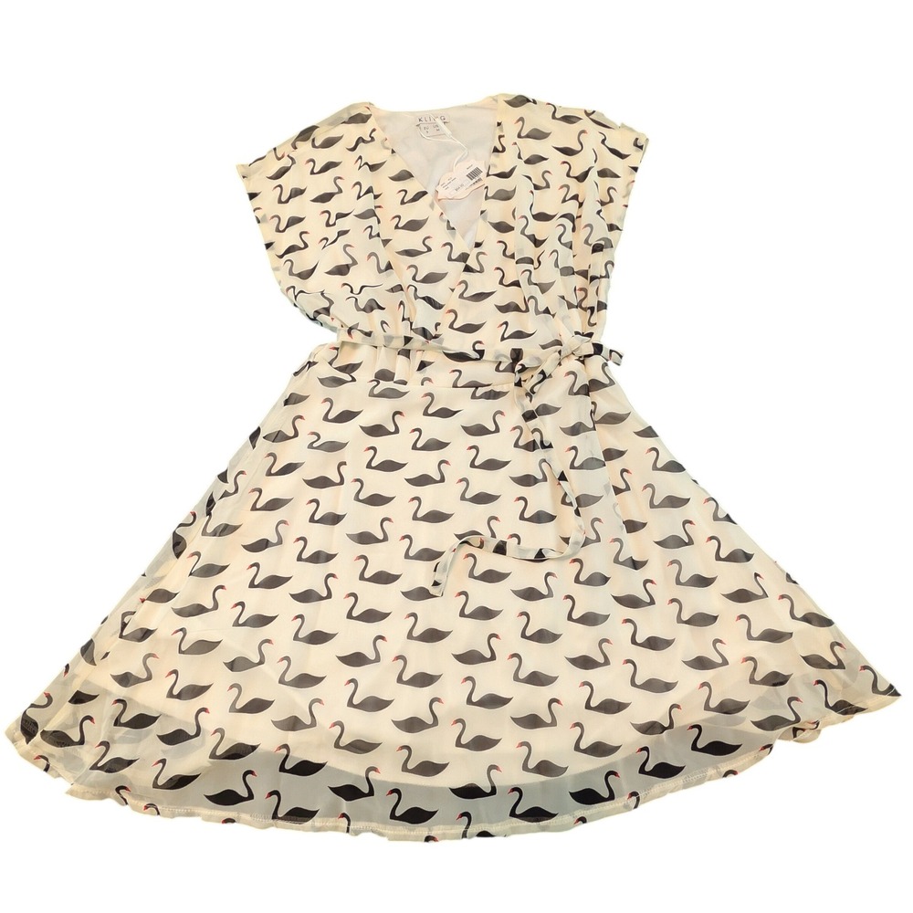 Kling Cream w black Swan Print Wrap Dress Cream short Sleeve Chiffon Size M NWT